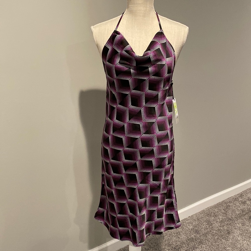 BP. Cowl Neck Satin Dress in Purple Liza Print Size: M
